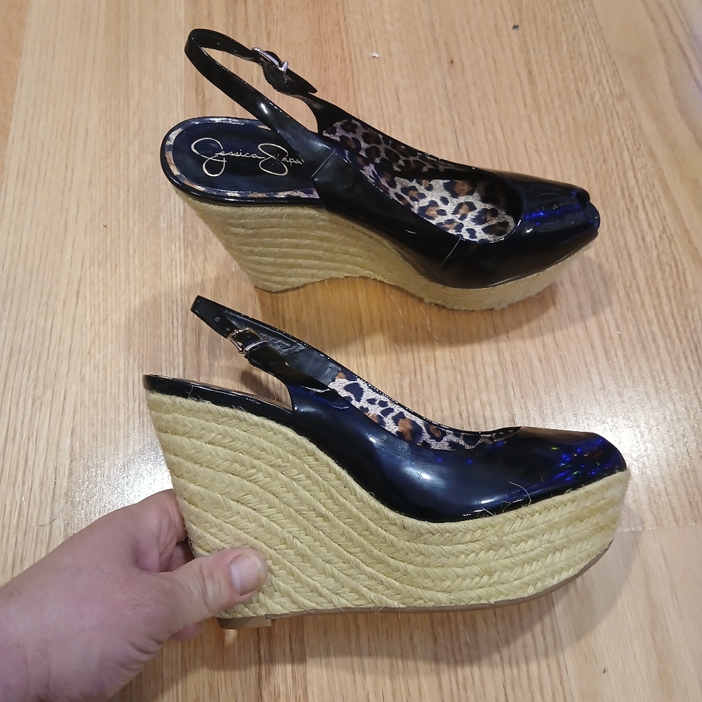 Jessica's Simpson Jungle Wedge Espadrille Patent Leather/Leoapard Shoes Size 8 - Picture 1 of 13